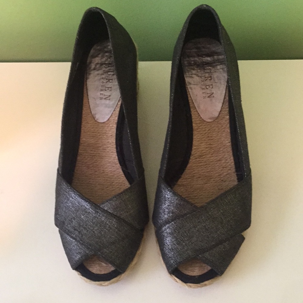 Dark gray peep toe espadrille wedge shoes